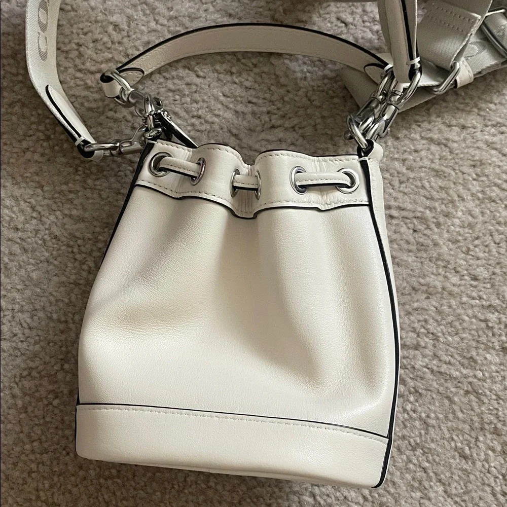 Coach Chalk Color Leather Mini Drawstring Bucket Bag with Logo Strap - Picture 4 of 10